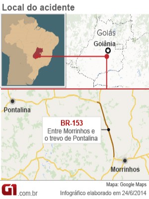 O acidente que matou Cristiano Araújo e a namorada acontceu na BR-153 Goiás Itumbiara (Foto: Arte/G1)