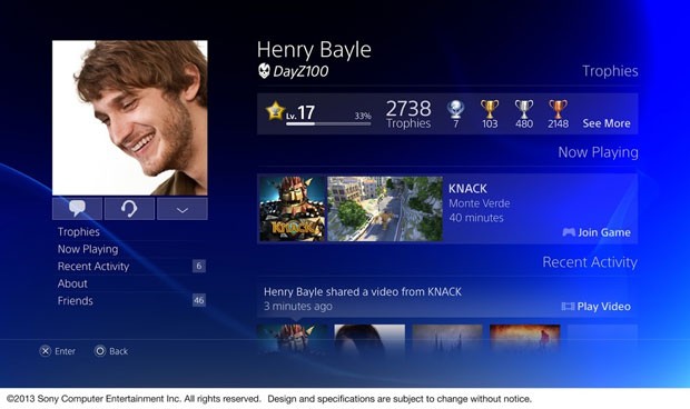 Tela mostra o perfil do jogador, apresentando quais games jogou, quantos Troféus possui e quais amigos estão conectados no PS4 (Foto: Divulgação)