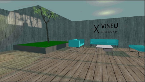 O primeiro andar do ambiente virtual do Viseu Advogados tem uma sala de espera e um jardim (Foto: Reprodução/AltspaceVR)