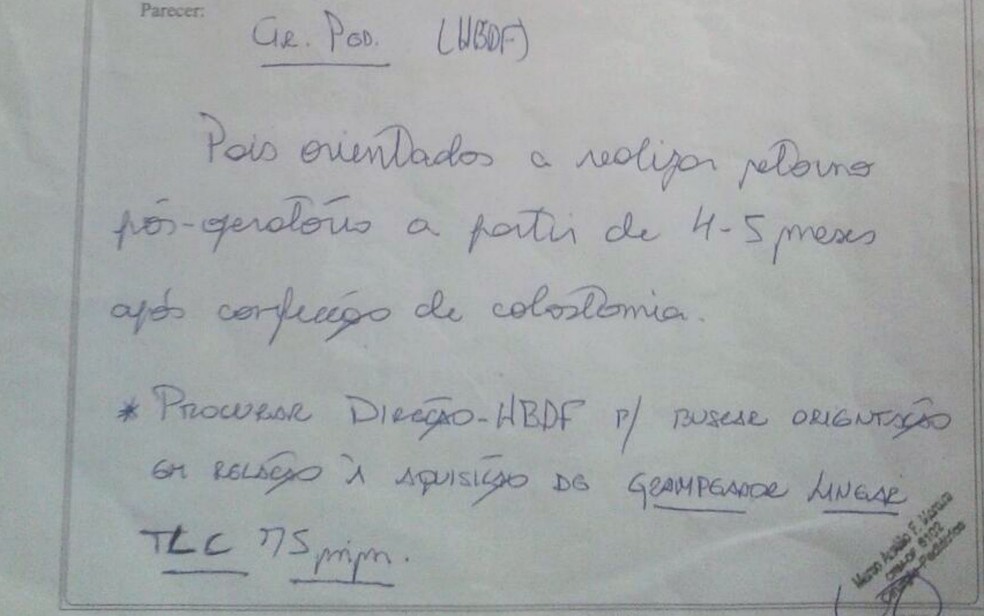 Relatório médico pede que paciente submetido a colostomia faça pós-operatório entre 4 e 5 meses depois da cirurgia (Foto: Fabrício de Souza/Arquivo Pessoal)