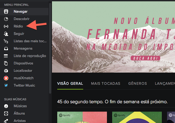 Acessando a aba rádio do Spotify (Foto: Reprodução/Marvin Costa)