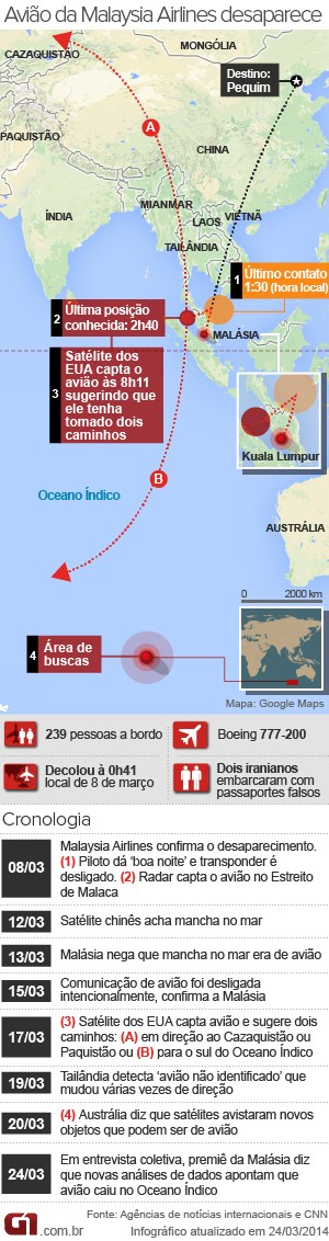 mapa malásia MH370 atualiza 24/3 (Foto: Arte G1)