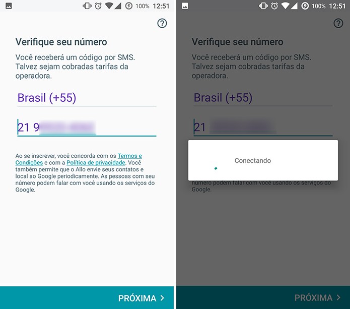 Google Allo pede a confirmação do número de celular do usuário (Foto: Reprodução/Elson de Souza)