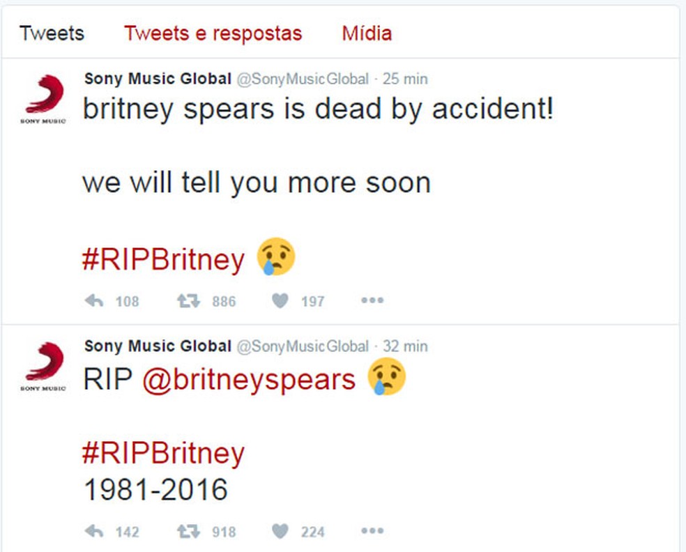 Grupo de hackers invade conta de Sony Music Global para 'matar' Britney Spears. (Foto: Reprodução/Twitter/Sony Music Global)