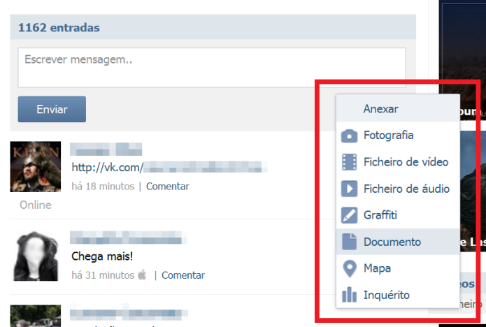 Recurso permite anexar arquivos, fotos e vídeos no post na comunidade do VK (Foto: Reprodução/Lívia Dâmaso)