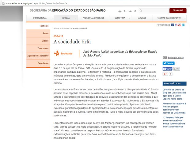 Secretário estadual da Educação, José Renato Nalini, não menciona educação como missão básica do estado de São Paulo (Foto: Reprodução/Site Secretaria de Estado da Educação de São Paulo)