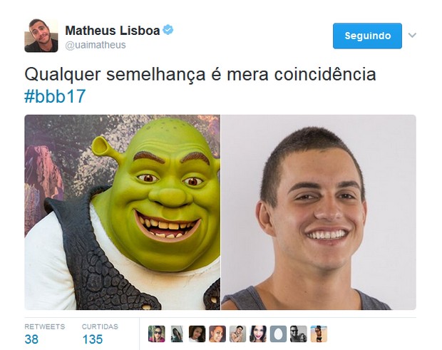 Matheus Lisboa compara gêmeo do BBB 17 ao Shrek (Foto: Reprodução/Twitter)