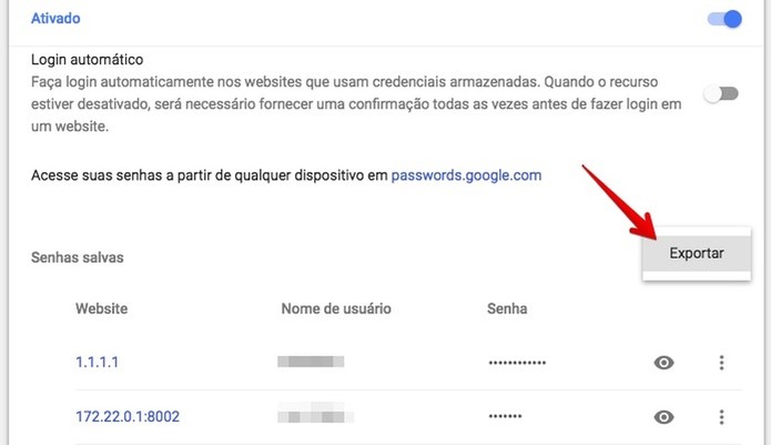 Exportando senhas do Chrome (Foto: Reprodução/Helito Bijora) Exportando senhas do Chrome (Foto: Reprodução/Helito Bijora)