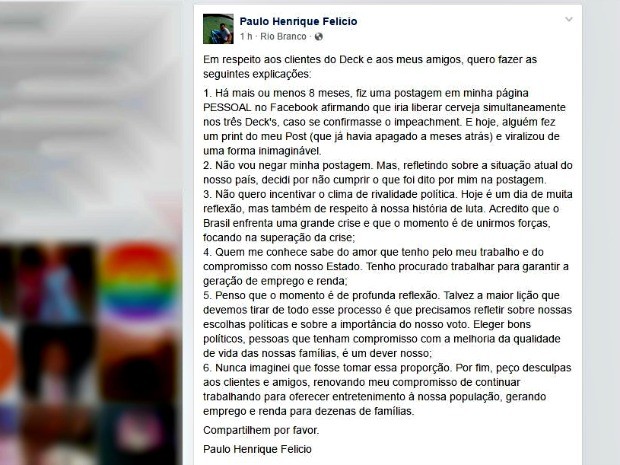 Empresário fez postagem esclarecendo motivos pelos quais decidiu não cumprir promessa (Foto: Reprodução/Facebook)