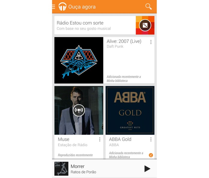 Seção “ouça agora” do aplicativo Google Play Music para Android (Foto: Divulgação) Seção “ouça agora” do aplicativo Google Play Music para Android (Foto: Divulgação)