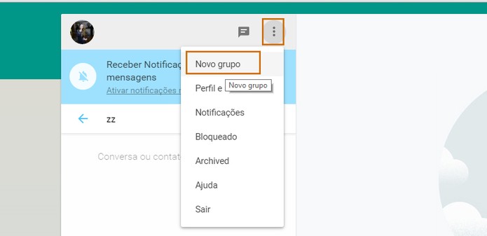 Acesse o menu do WhatsApp no computador e inicie a criação de um novo grupo (Foto: Reprodução/Barbara Mannara)