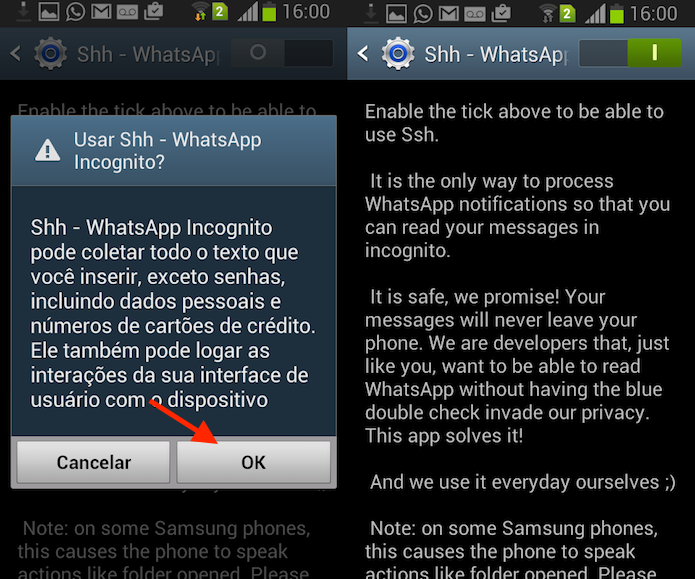 Opção para confirmar a ativação de acessibilidade em um aparelho Android para o aplicativo Shh (Foto: Reprodução/Marvin Costa)