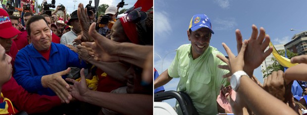 Combinação de fotos mostra o presidente Hugo Chávez e o opositor Henrique Capriles em atos de campanha em setembro (Foto: Leo Ramirez e Juan Barreto / AFP)