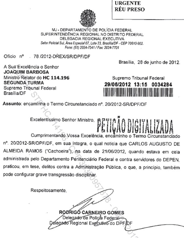 Encaminhamento do termo ao ministro do Supremo Joaquim Barbosa (Foto: Reprodução)