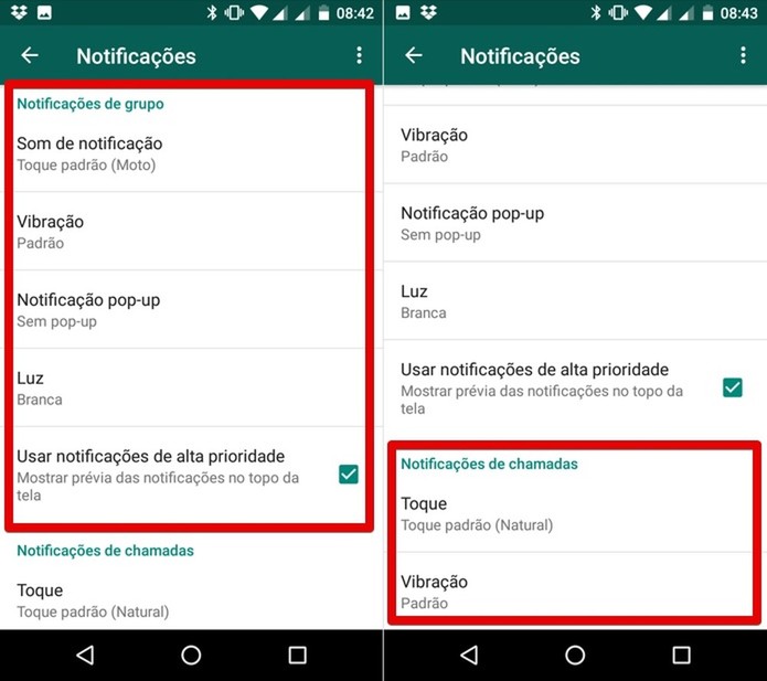 Configurações de notificações de grupos e chamadas (Foto: Helito Bijora/TechTudo) Configurações de notificações de grupos e chamadas (Foto: Helito Bijora/TechTudo)