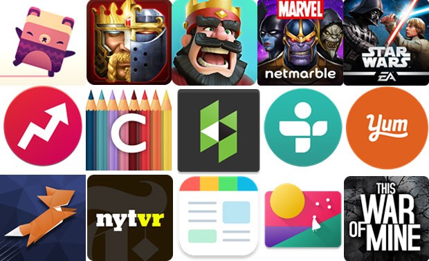  Applications indicated Google Play Awards (top to bottom): 'Alphabear' ' Clash of Kings', 'Clash Royale', 'Marvel Future Fight', 'Star Wars: Galaxy of Heroes',' BuzzFeed News', 'Colorfy Houzz', 'TuneIn Radio', 'Yummly', 'Fast Like a Fox' 'NYT VR', 'SmartNews', 'The Fabulous', 'This War of Mine' (Reuters / Google). 