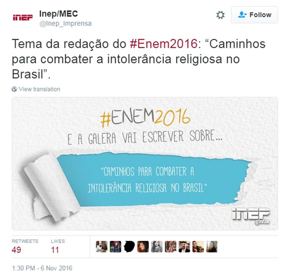 Inep divulgou o tema da redação do Enem 2016 pelo Twitter (Foto: Reprodução/Twitter)