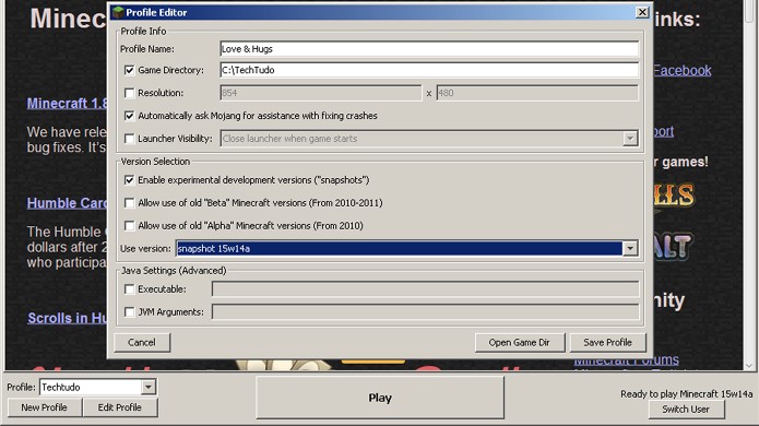 Versão snapshot 15w14a contém o modo The Love & Hugs Update de Minecraft (Foto: Reprodução/Rafael Monteiro)