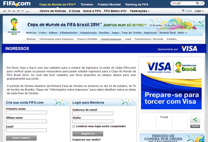 reprodução site fifa ingressos copa do mundo (Foto: FIFA)