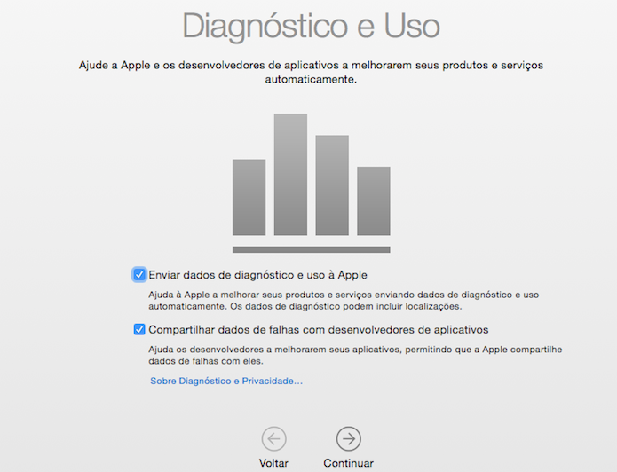 Selecione se deseja compartilhar dados de uso do computador com a Apple e desenvolvedores (Foto: Reprodução/Helito Bijora)