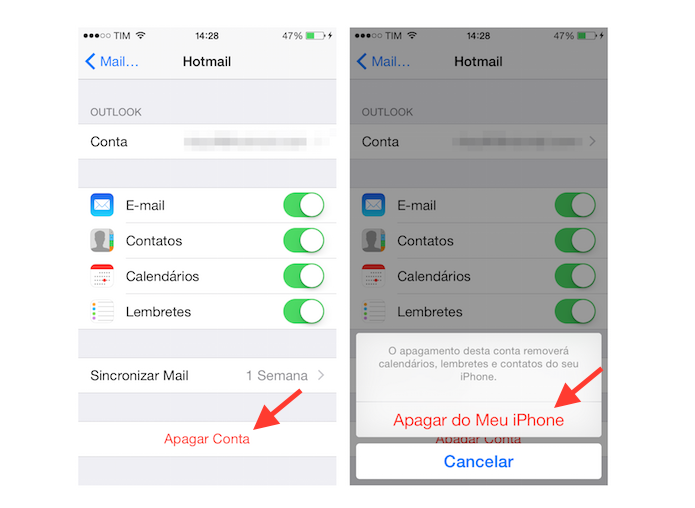 Saindo de uma conta do Hotmail vinculada ao Mail do iPhone (Foto: Reprodução/Marvin Costa)