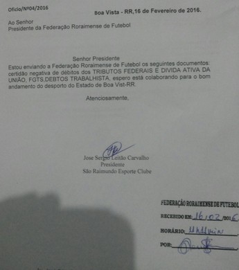 São Raimundo-RR entrega documentações para Federação e está regularizado (Foto: Divulgação)