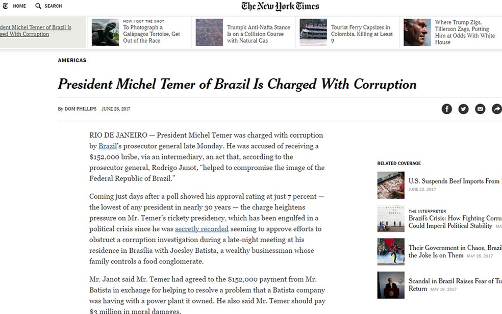 Matéria sobre a denúncia contra Temer foi publicada no 'The New York Times' (Foto: Reprodução/The New York Times)