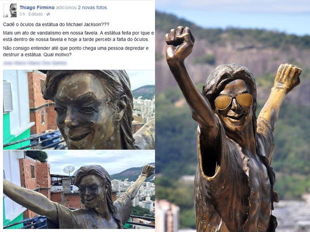Post mostra estátua de Michael Jackson sem óculos; ao lado, a estátua inteira (Foto: Reprodução / Facebook e Alexandre Macieira / Riotur)