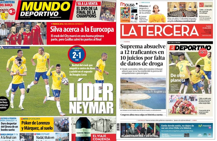 Mundo Deportivo, da Espanha, e La Tercera, do Chile, destacam atuação de Neymar (Foto: Reprodução / Divulgação)