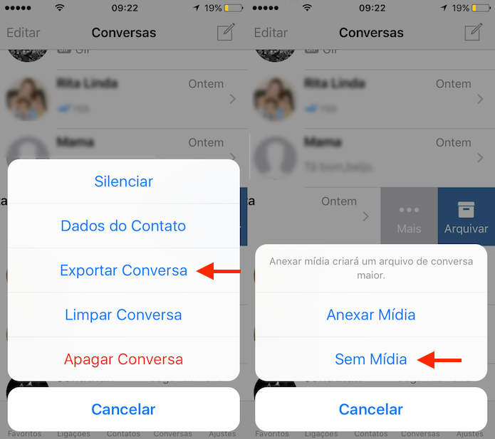 Opção para exportar uma conversa do WhatsApp sem mídia anexada no app para iPhone (Foto: Reprodução/Marvin Costa)