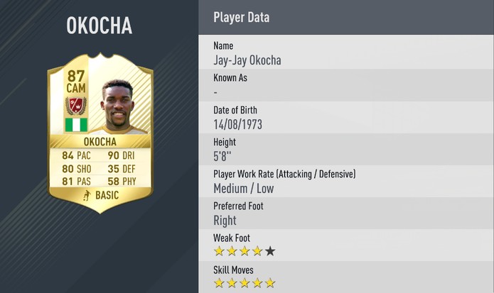 Fifa 17: Okocha manteve suas cinco estrelas de finta (Foto: Divulgação/EA)