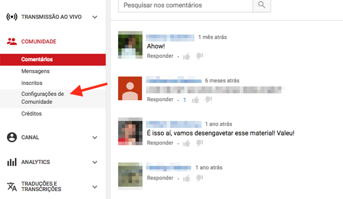 Link para acessar as configurações de comentários em um canal do YouTube (Foto: Reprodução/Marvin Costa)