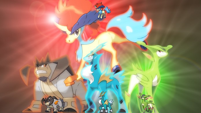 As Espadas da Justiça, da direita para a esquerda: Terrakion, Cobalion, Virizion e Keldeo no topo, são fortes lendários de Pokémon Black & White (Foto: Reprodução/Rafael Monteiro)