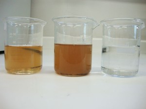 O efluente bruto no primeiro frasco. O segundo frasco após a remoção dos contaminantes e o terceiro depois da remoção da cor (Foto: Arquivo/CEPEMA)