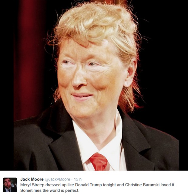 Meryl Streep se vestiu como Donald Trump e o humorista Jack Moore publicou fotos da imitação no Twitter (Foto: Reprodução/Twitter/Jack Moore)