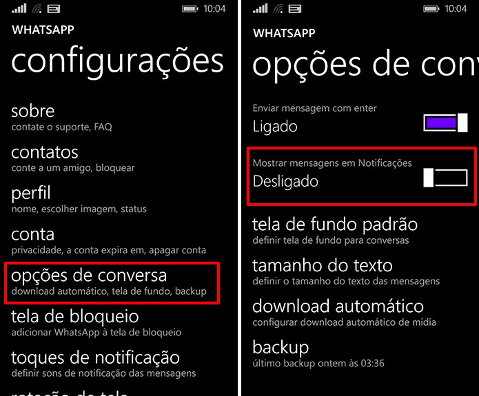 Usuário pode desligar prévias no WhatsApp para Windows Phone para ter maior privacidade (Foto: Reprodução/Elson de Souza)