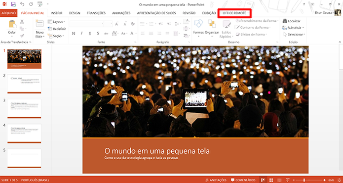 Office Remote aparecerá como guia no seu PowerPoint para controle de apresentações (Foto: Reprodução/Elson de Souza) (Foto: Office Remote aparecerá como guia no seu PowerPoint para controle de apresentações (Foto: Reprodução/Elson de Souza)) Office Remote aparecerá como guia no seu PowerPoint para controle de apresentações (Foto: Reprodução/Elson de Souza) (Foto: Office Remote aparecerá como guia no seu PowerPoint para controle de apresentações (Foto: Reprodução/Elson de Souza))