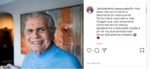 Comunicado da morte de Tarcísio Meira (Foto: Reprodução/Instagram)