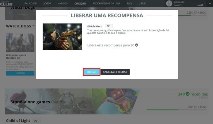 Selecione novamente em Liberar para confirmar a aquisição. Feito isso, o conteúdo será desbloqueado (Foto: Reprodução/Paulo Vasconcellos)