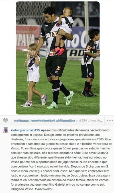 Kleber agradece torcida do Vasco e valoriza entrada em campo com o filho (Foto: Reprodução/Instagram)