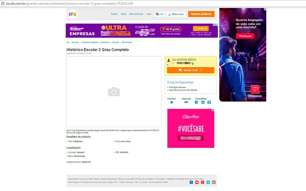 Perfil em site de compra e venda publicou anúncio de histórico escolar (Foto: Reprodução/OLX)