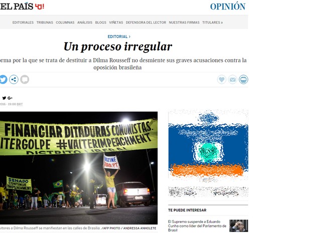 Editorial do espanhol El País diz que processo de impeachment contra Dilma Rousseff é irregular (Foto: Reprodução/G1)