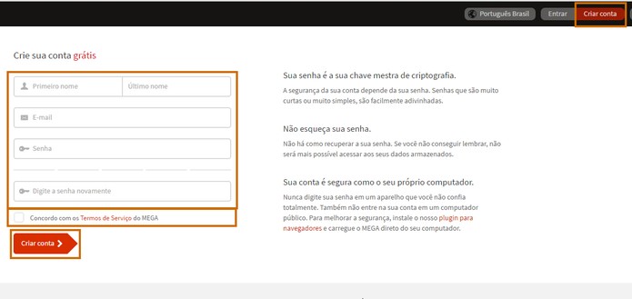 Acesse o site do Mega e adicione suas informações para criar a conta (Foto: Reprodução/Barbara Mannara)