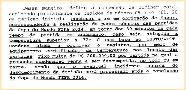Trecho da decisão do juiz Rogério Neiva Pinheiro, do TRT, sobre paralisação de jogos para hidratação de jogadores em jogos da Copa (Foto: TRT/Reprodução)