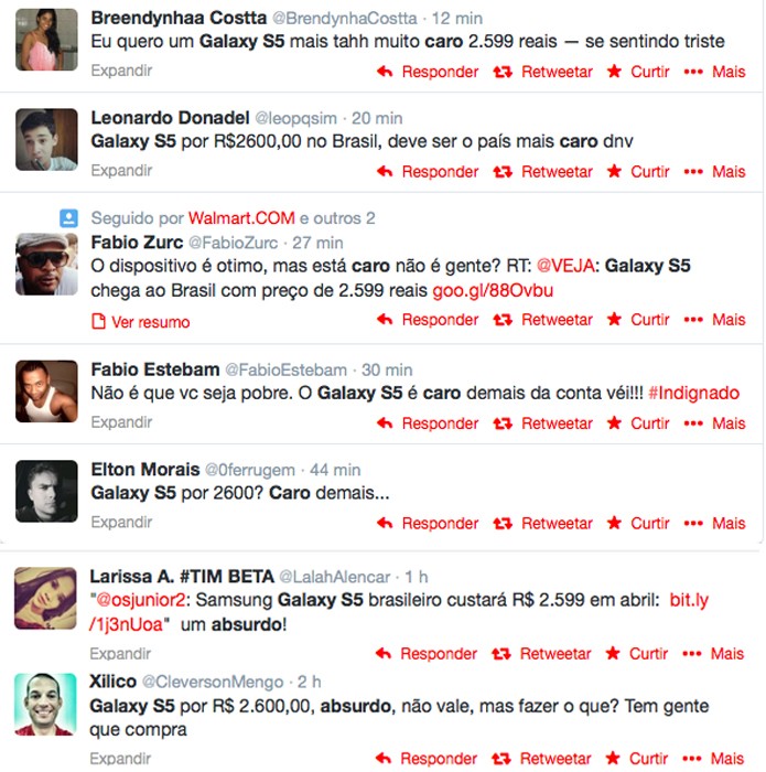 Usuários reclamam do preço do Galaxy S5 no Twitter (Foto: Reprodução/TechTudo)