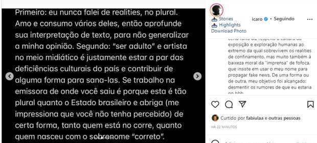 Publicações de Ícaro Silva sobre Tiago Leifert e BBB (Foto: Reprodução/Instagram)