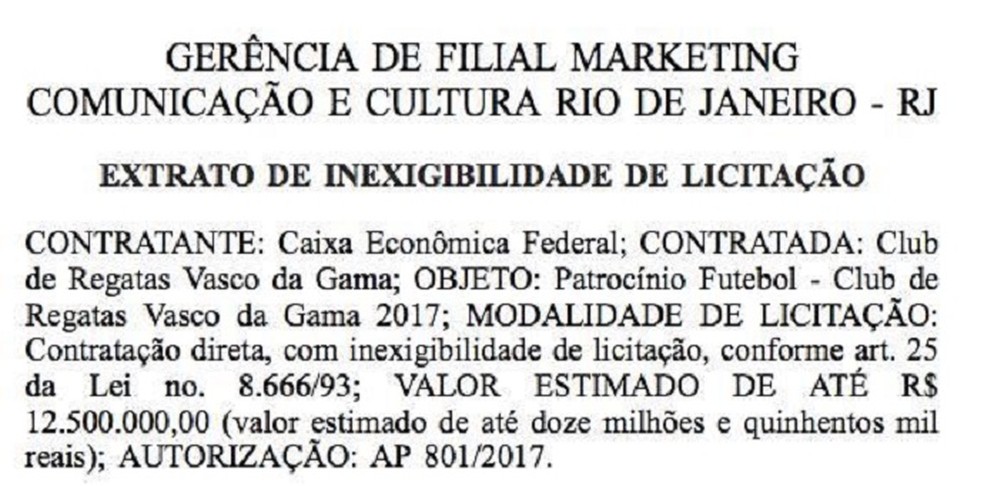 Publicação da Caixa no Diário Oficial da União: estatal prevê valor máximo em contrato (Foto: Reprodução)