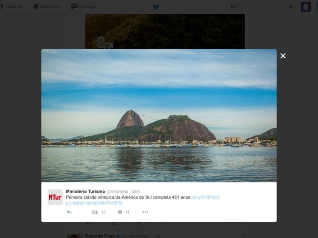 Ministério do Turismo também prestou homenagem à Cidade Olímpica (Foto: Reprodução/Twitter)