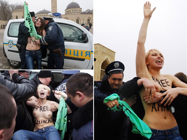 Feministas seminuas foram detidas em Kiev, na Ucrânia, país de origem do Femen (Foto: Sergii Polezhaka/Reuters e Divulgação/Femen)