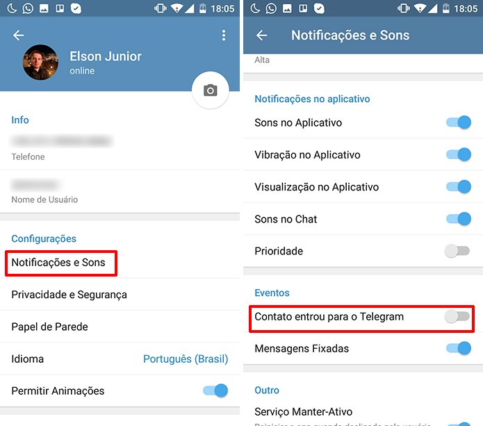 Telegram pode ter notificações de novos contatos desativada (Foto: Reprodução/Elson de Souza)
